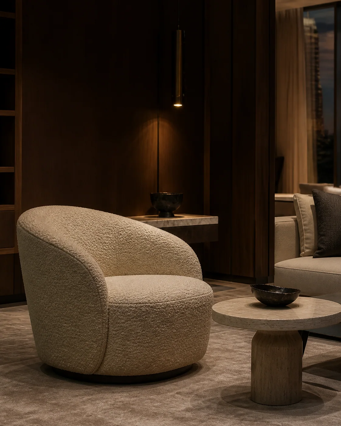Warm living room with leather seating, a wood table and a brass lamp