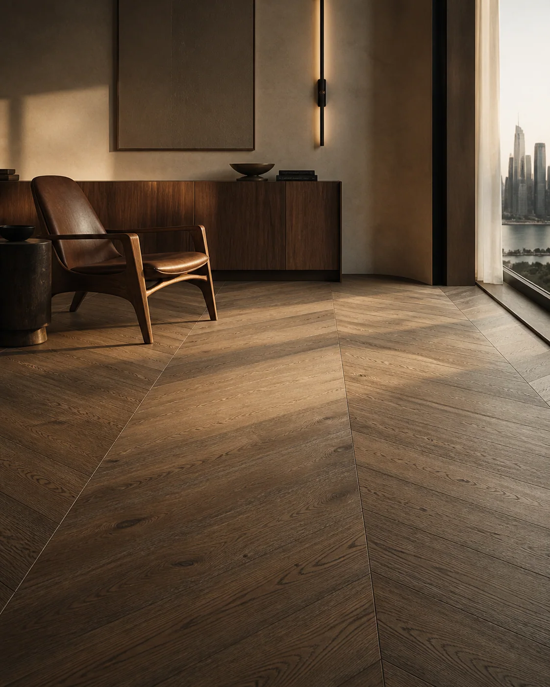 Herringbone parquet floor in a sunlit arched room