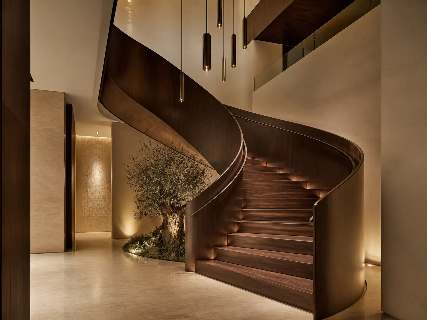 Sculptural walnut staircase in a warm travertine villa interior