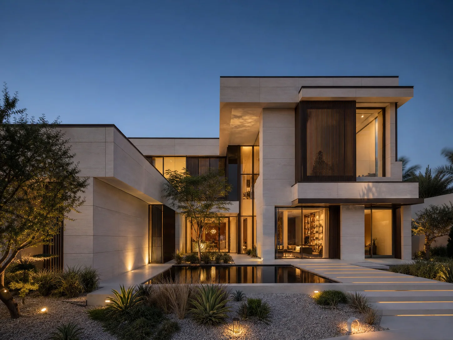 Modern luxury villa with an infinity pool at sunset