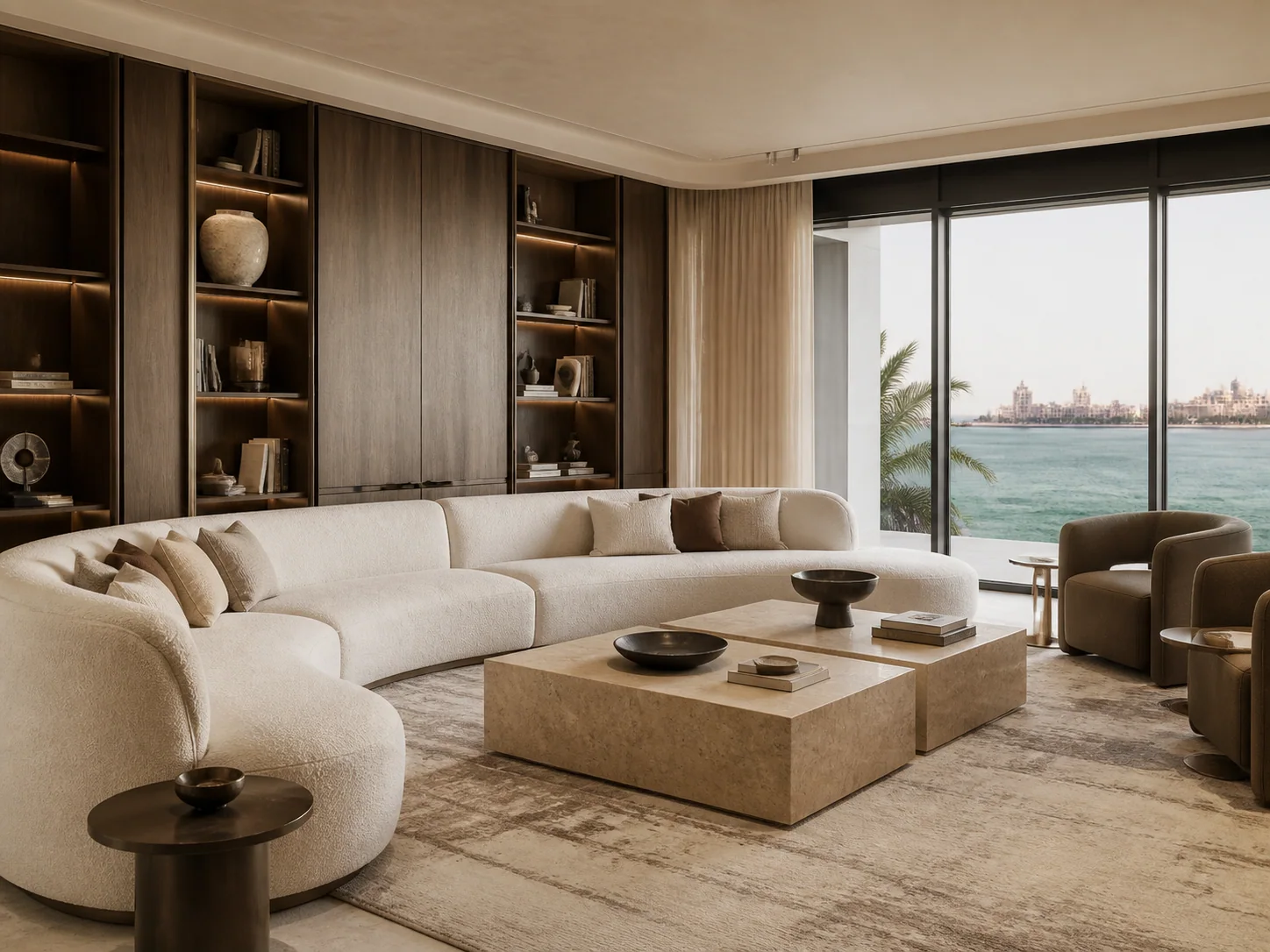Palm Jumeirah residence with bespoke curved seating and a dark walnut library