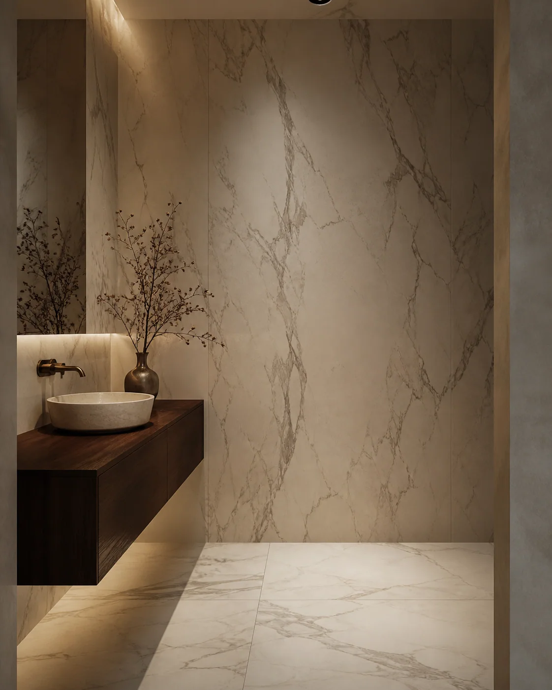 Large-format marble slab walls in a luxury bathroom
