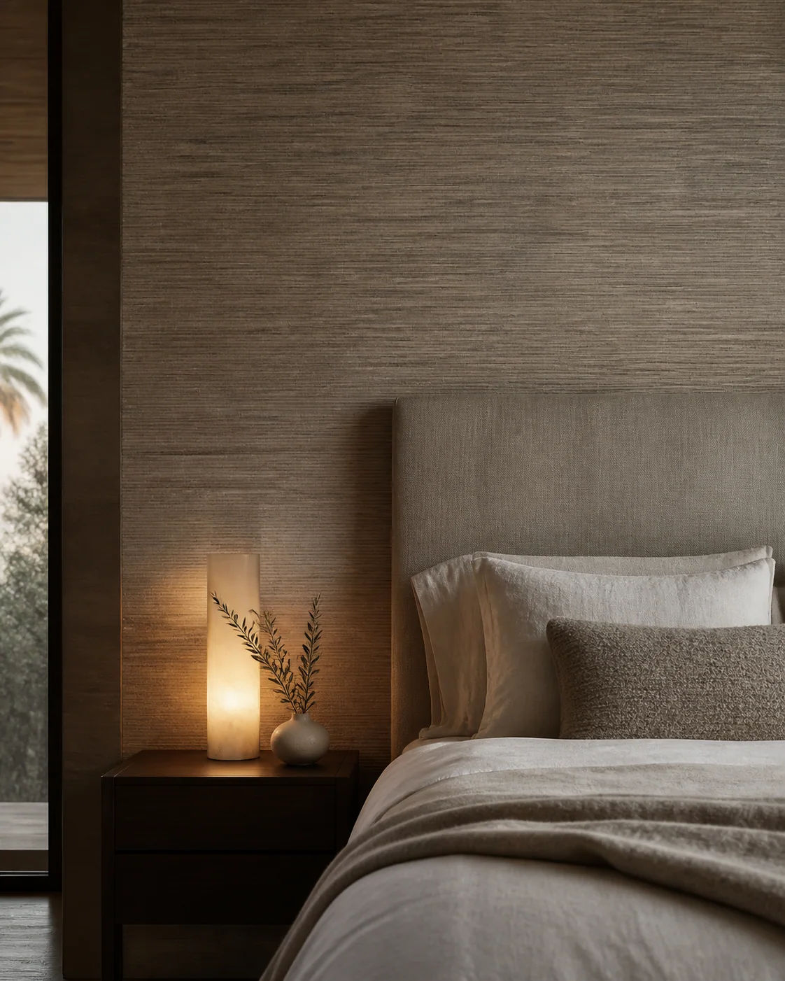 Beige bedroom with an upholstered headboard and a marble wall light