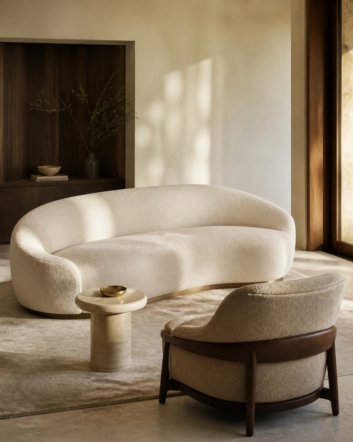 Curved sofa and lounge chair in a warm contemporary living room