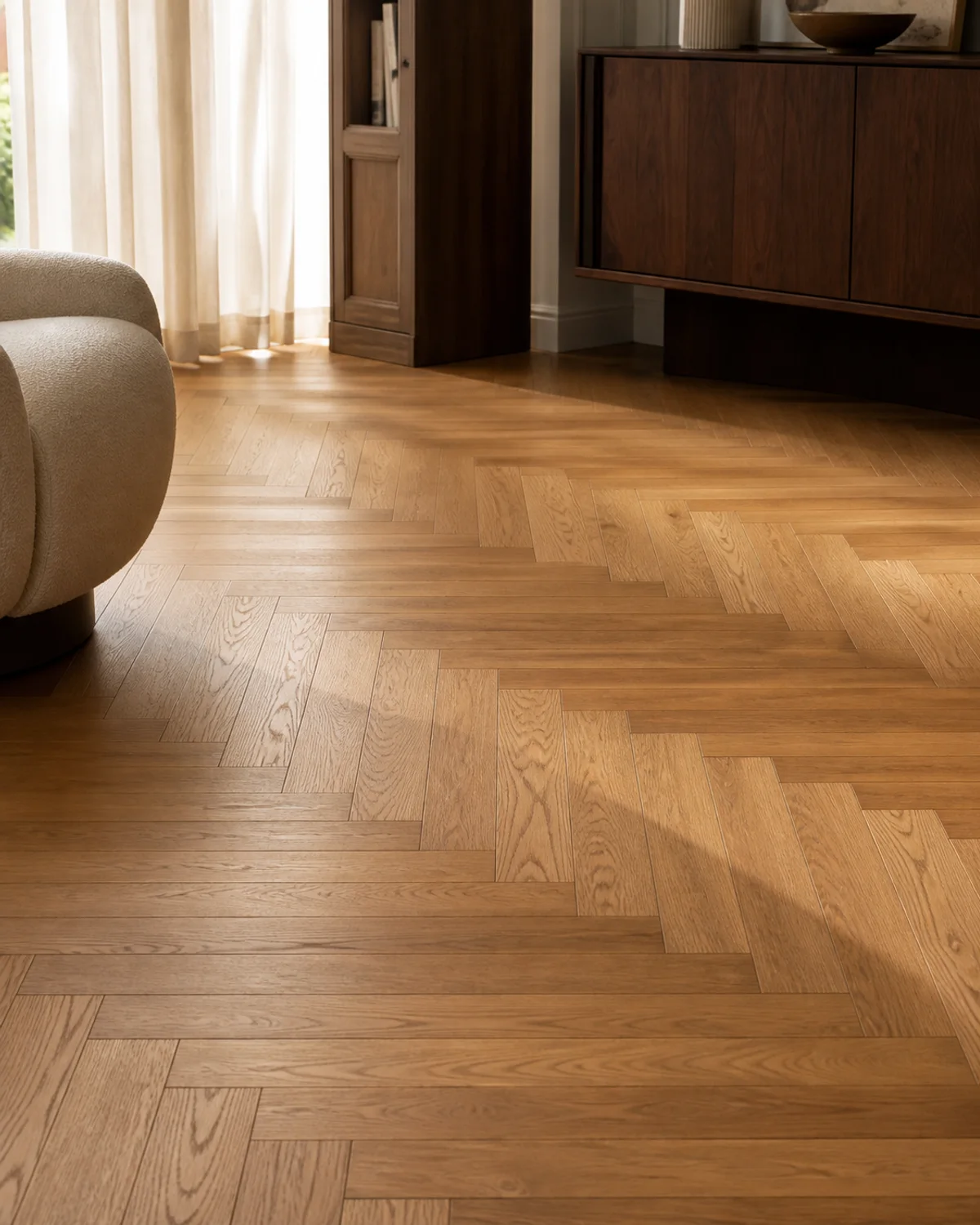 Honey oak herringbone parquet flooring in a refined interior