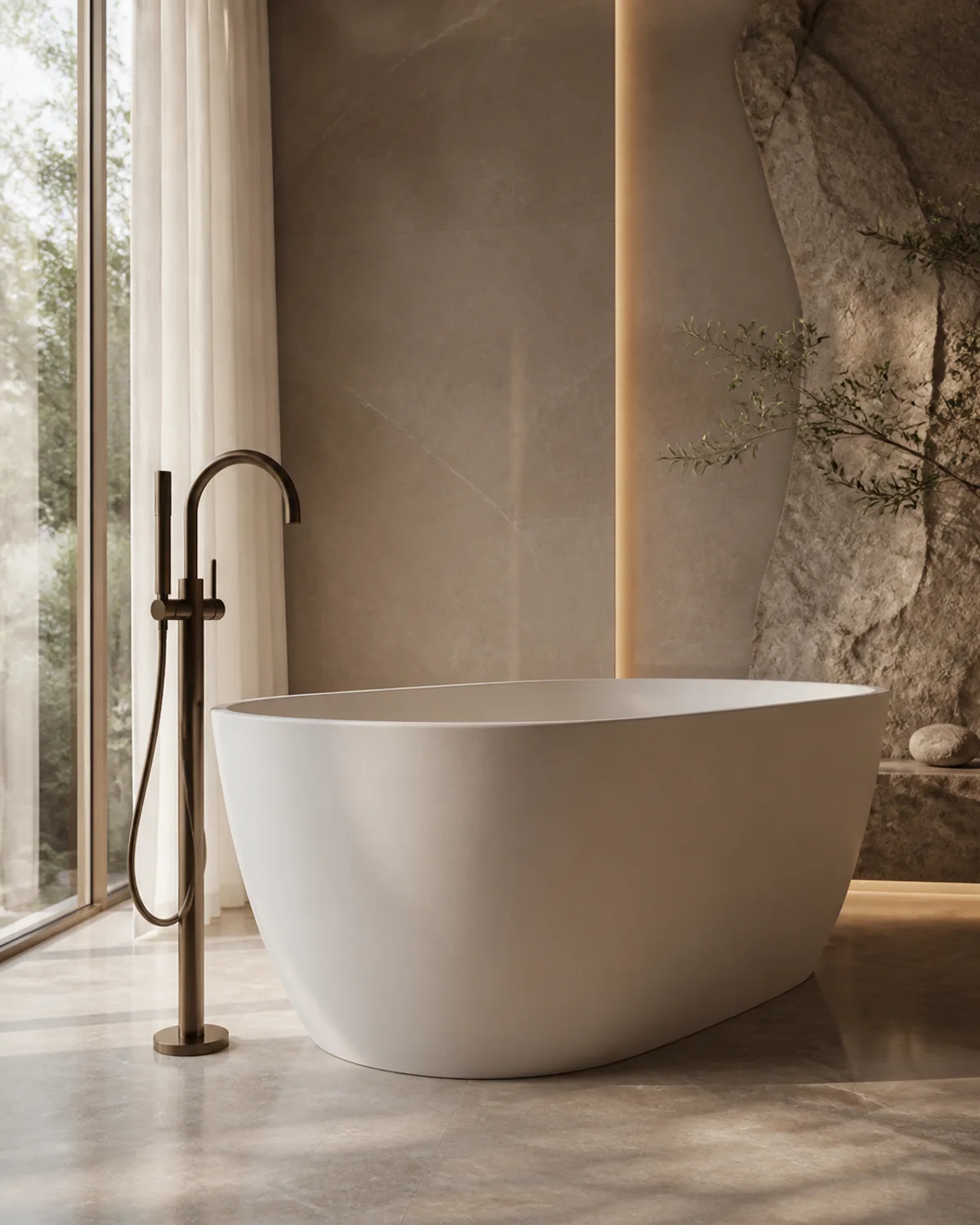 Sculptural freestanding bathtub with a floor-mounted mixer