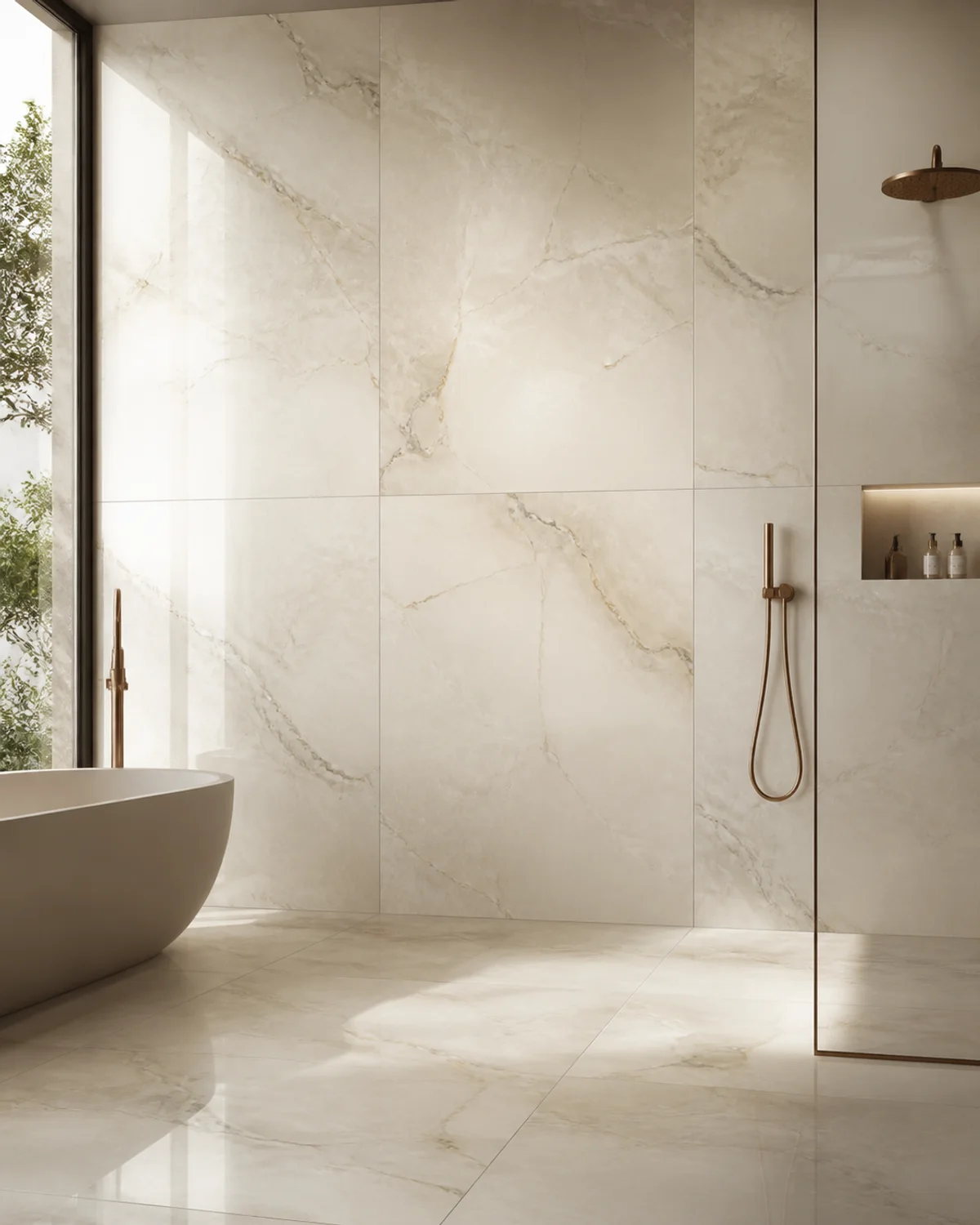 Large-format cream marble-look tiles in a refined bathroom