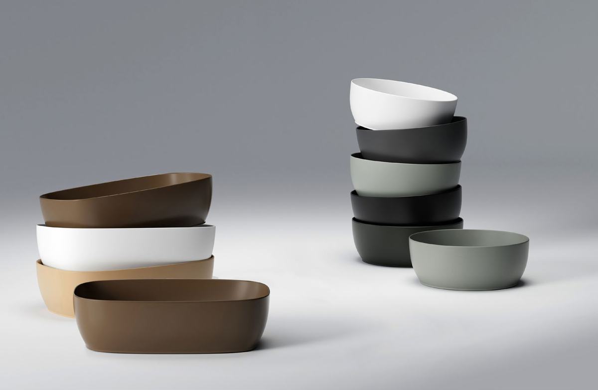 Countertop basins stacked to show the solid surface colour range